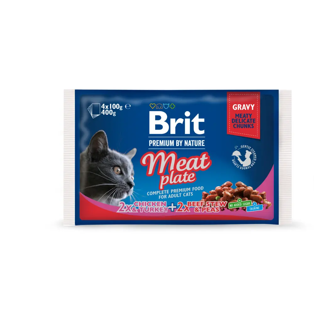 Корм вологий Brit Premium Cat Meat Plate pouches набір для котів м'ясна тарілка курка та індичка з тушкованою яловичиною та горохом 4 шт х 100 г