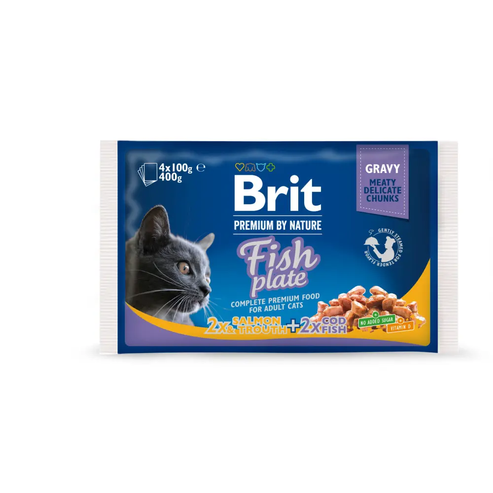 Корм вологий Brit Premium Cat Fish Plate pouches набір паучів для котів рибна тарілка з тріскою, лососем та фореллю 100 г х 4 шт.