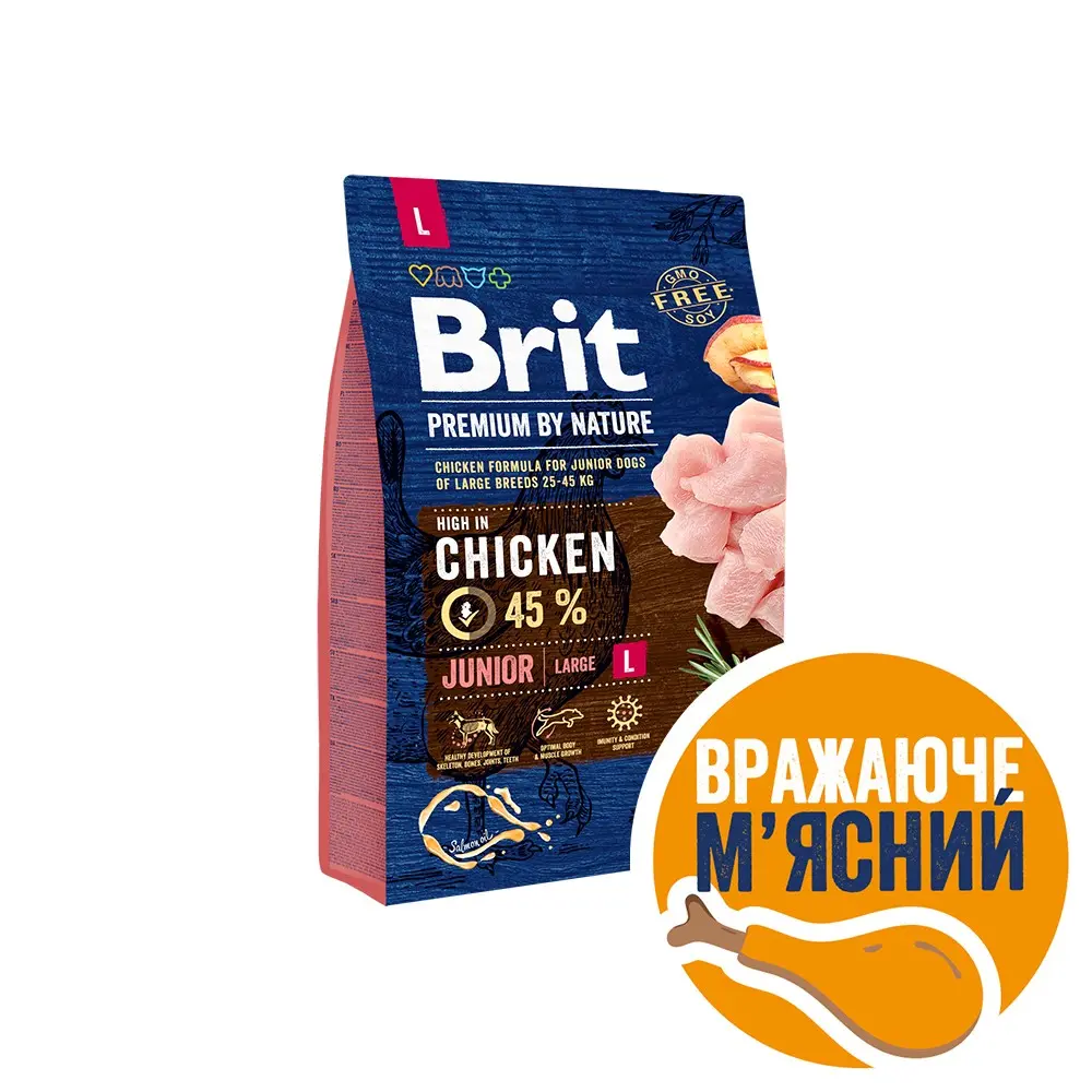 Корм сухий Brit Premium Dog Junior L для цуценят та молодих собак великих порід від 1 до 24 місяців вагою 25-45 кг з куркою 3 кг