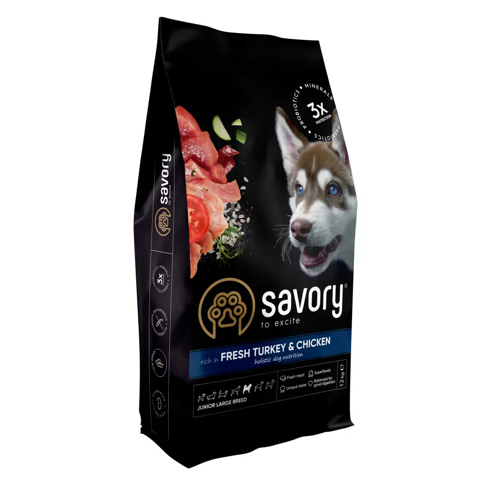 Корм сухий Savory Junior Large rich in Fresh Turkey and Chicken для молодих собак великих порід від 25 кг зі свіжою індичкою та куркою 12 кг