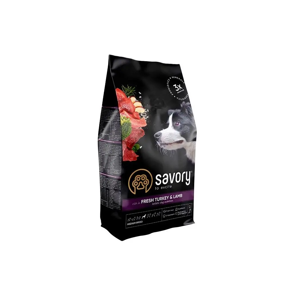 Корм сухий Savory Medium Breed rich in Fresh Turkey and Lamb для дорослих собак середніх порід від 10 до 25 кг зі свіжим ягням та індичкою 1 кг