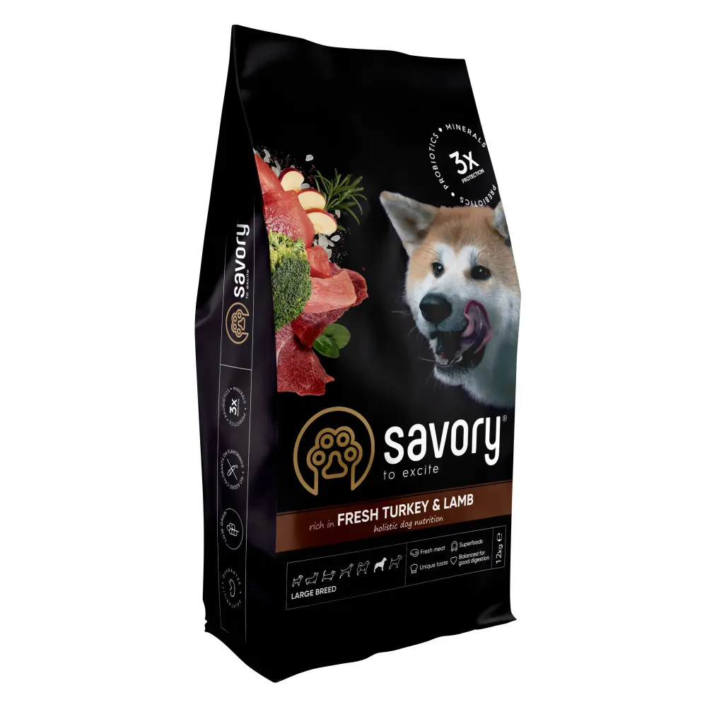 Корм сухий Savory Large Breeds rich in Fresh Turkey and Lamb для дорослих собак великих порід від 25 кг зі свіжим ягням та індичкою 12 кг