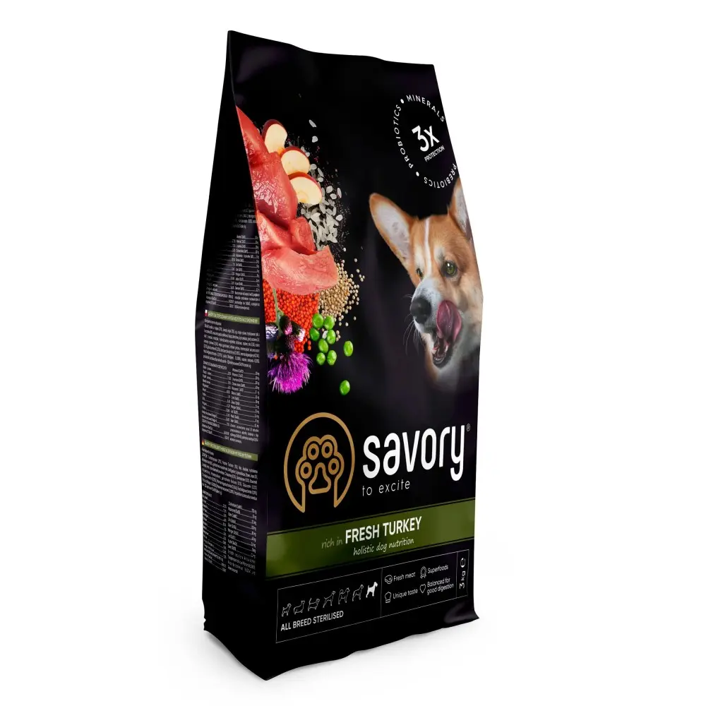 Корм сухий Savory All Breed Sterilised rich in Fresh Turkey для стерилізованих собак усіх порід зі свіжою індичкою 3 кг