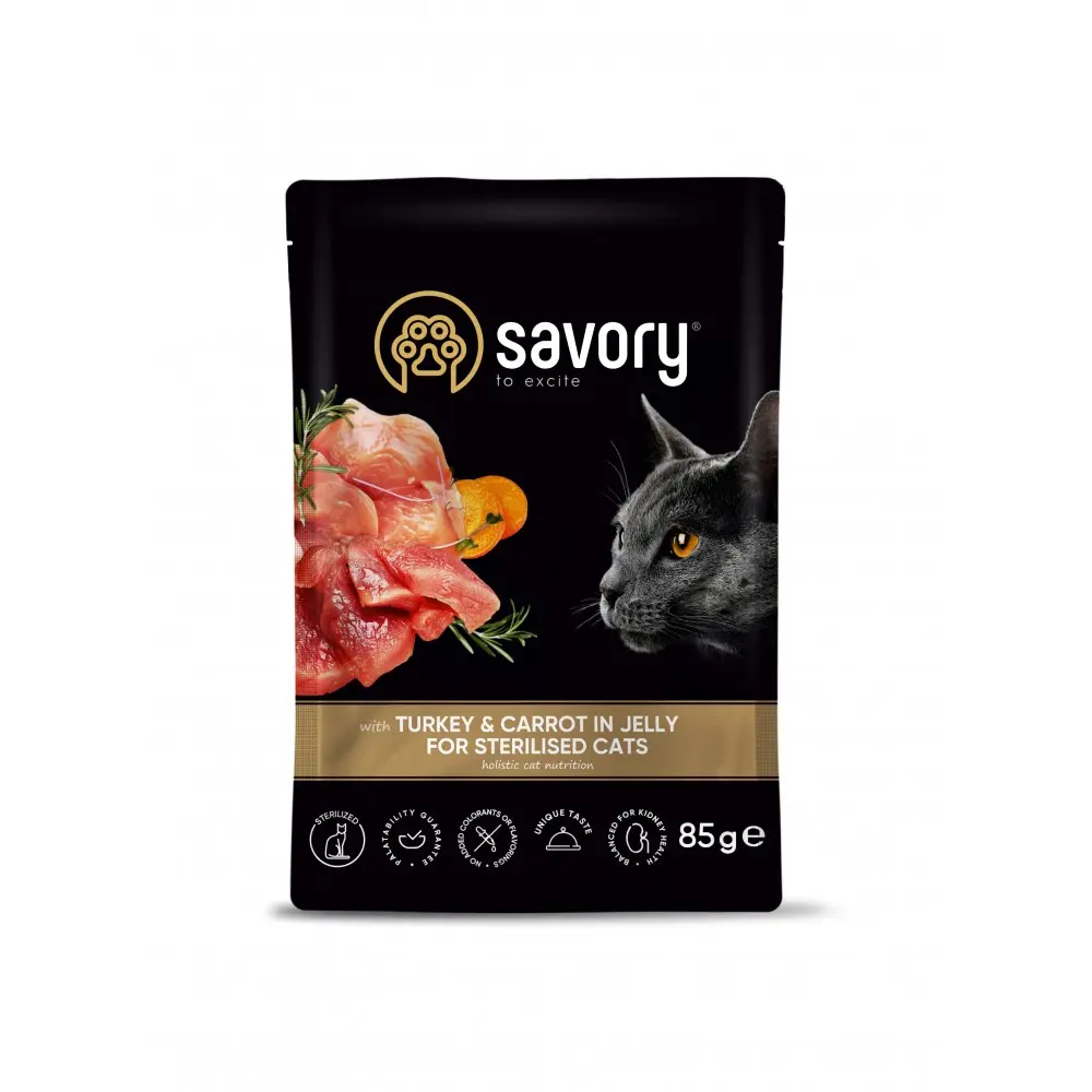 Корм вологий Savory Sterilised Cat Pouch Turkey and Carrot in Jelly для стерилізованих котів з індичкою та морквою у желе 85 г