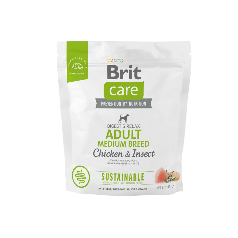 Корм сухий Brit Care Dog Sustainable Adult Medium Breed для дорослих собак середніх порід з куркою та комахами 1 кг