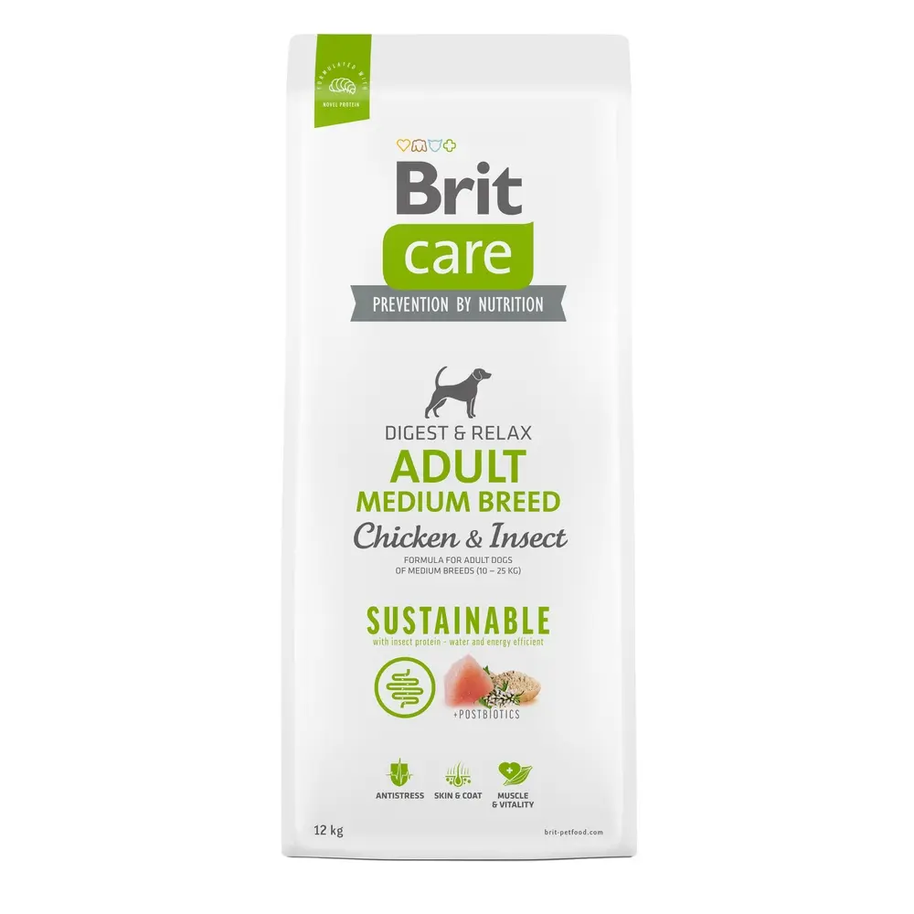 Корм сухий Brit Care Dog Sustainable Adult Medium Breed для дорослих собак середніх порід з куркою та комахами 12 кг