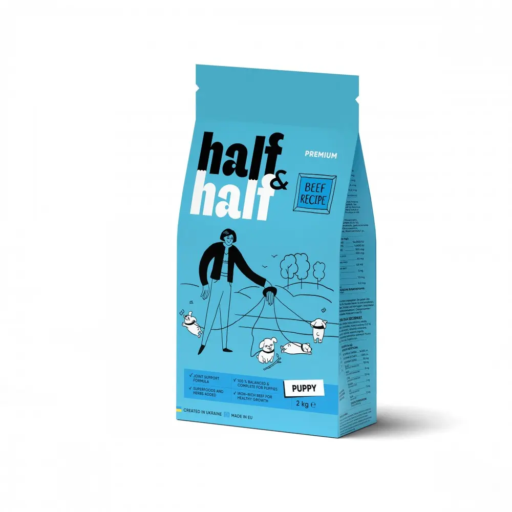 Корм сухий HalfHalf для цуценят усіх порід  із яловичиною 2 кг