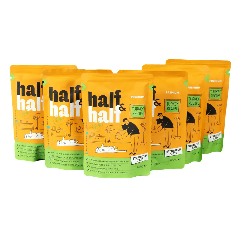 Набір паучів HalfHalf д/стерил котів індичка/желе 5+1