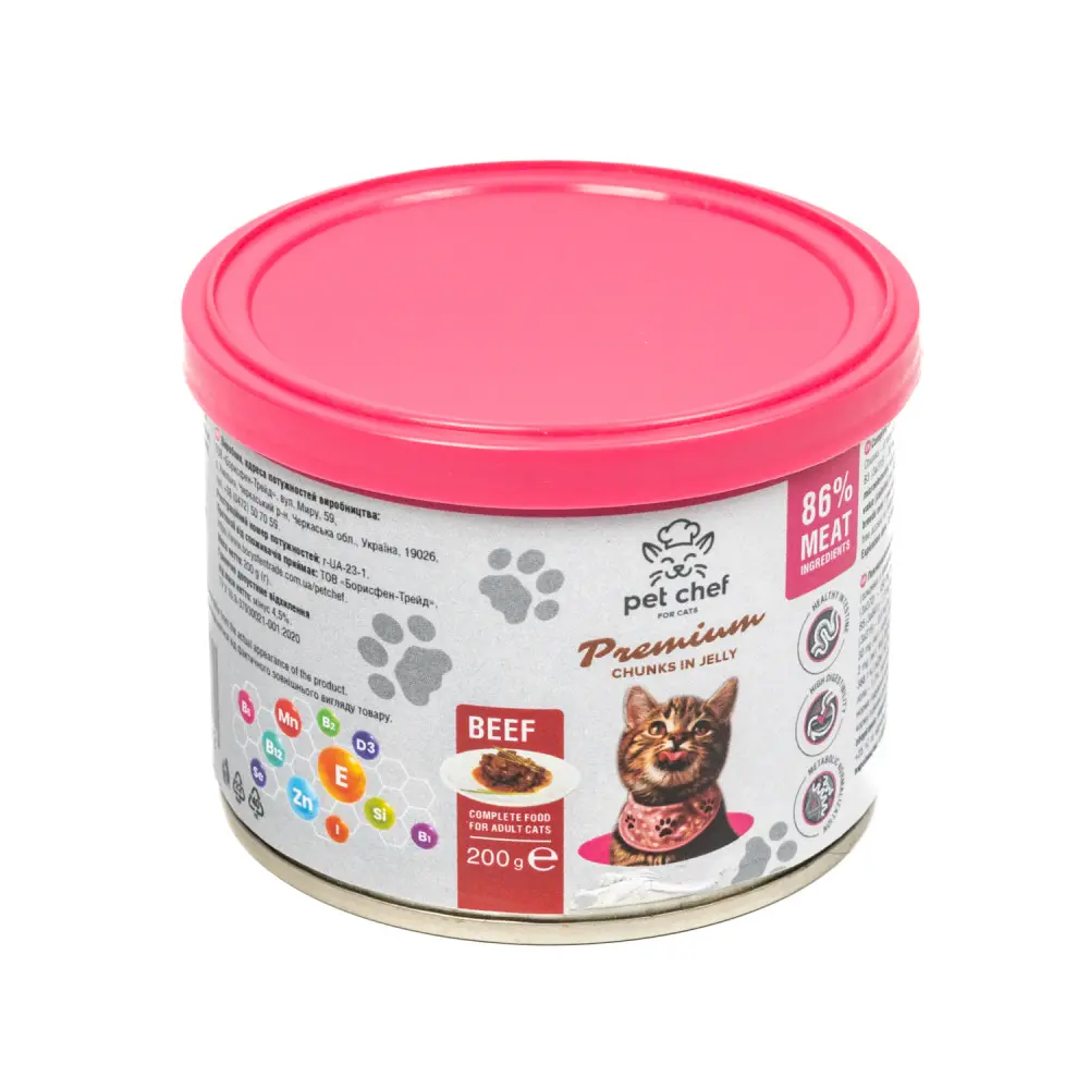 Вологий корм для котів Pet Chef шматочки в желе з яловичиною 200 г
