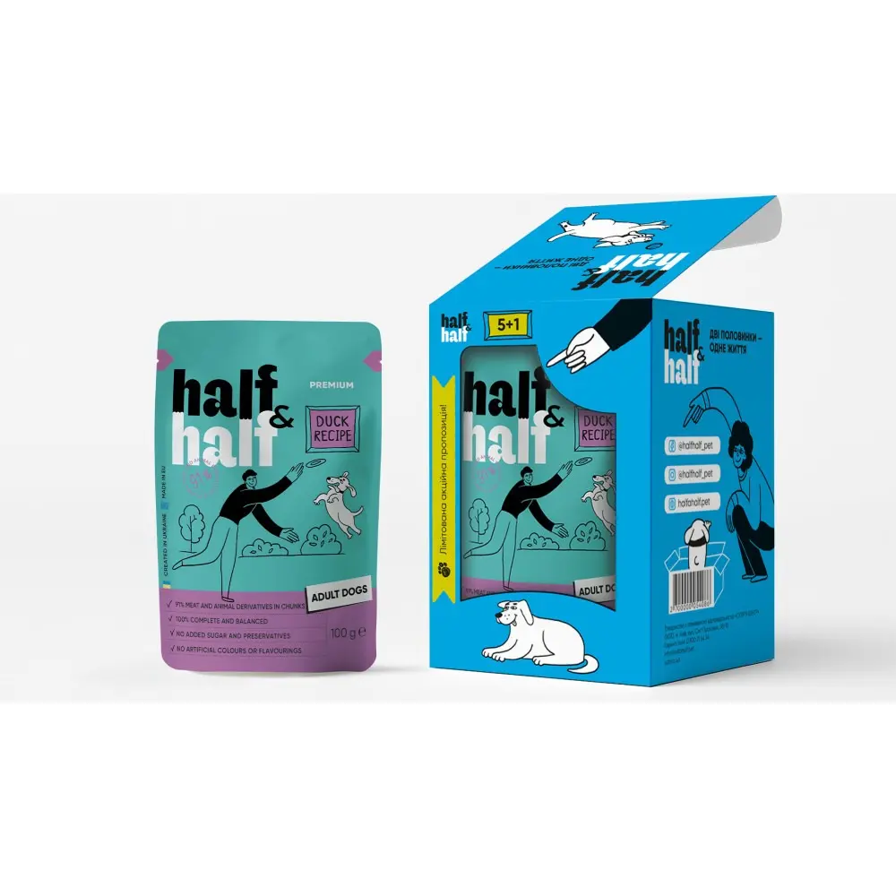 Набір вологих кормів Half&Half "5+1" Duck in Gravy for Adult Dogs для дорослих собак шматочки в соусі з качкою паучі 6 шт х 100 г