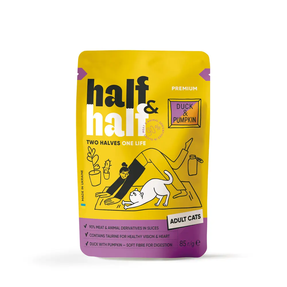 Корм вологий Half&Half для дороcлих котів з качкою та гарбузом в соусі 85 г