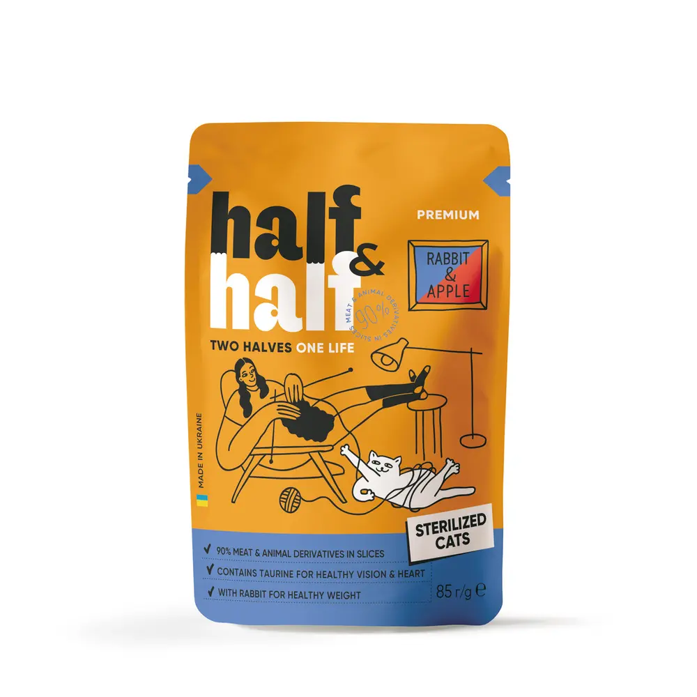 Корм вологий Half&Half для стерилізованих котів з кроликом та яблуком в желе 85 г
