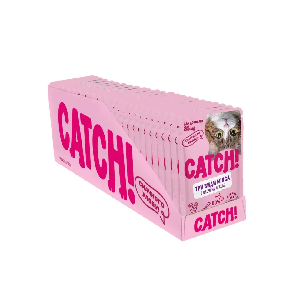 НАБІР Корм вологий Catch! для дороcлих котів три види м_яса з овочами в желе 24 шт х 85г.