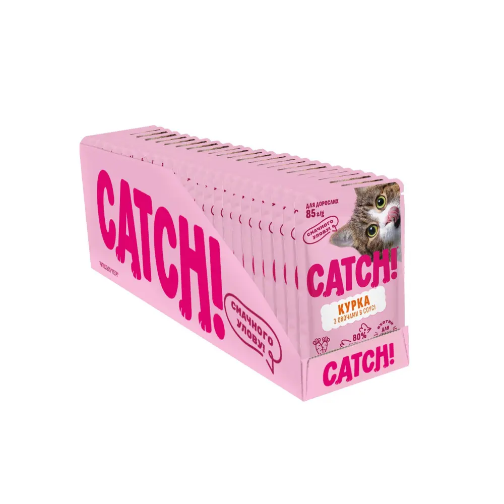 НАБІР Корм вологий Catch! для дороcлих котів з куркою та овочами в соусі 24 шт х 85г.