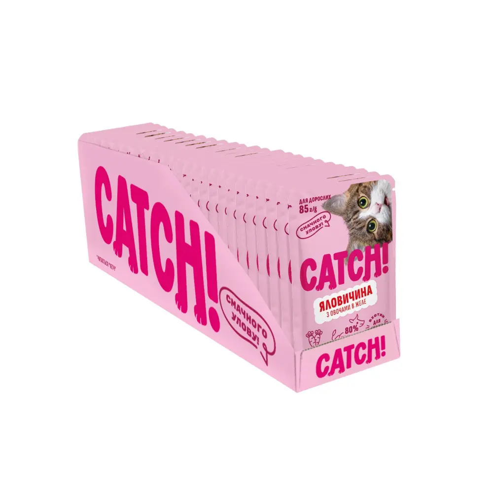 НАБІР Корм вологий Catch! для дороcлих котів з яловичиною та овочами в желе 24 шт х 85г.