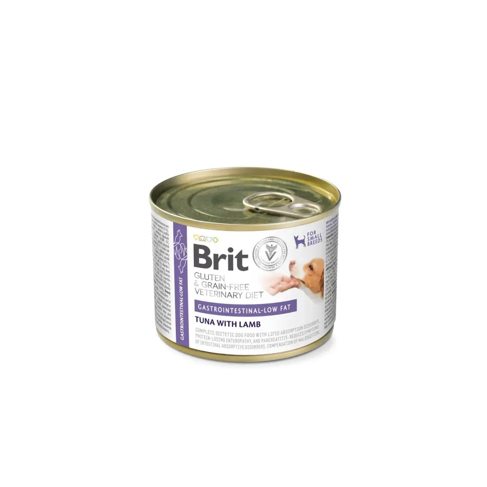 Корм вологий Brit VetDiet Gastrointestinal-Low Fat для собак при проблемах з травленням з обмеженим вмістом жиру з тунцем і ягням 200 г