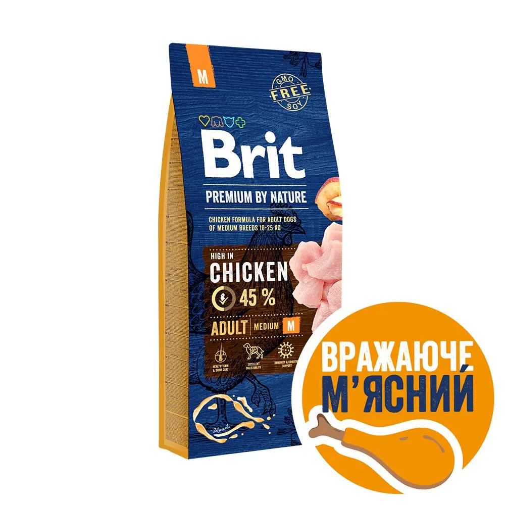 Корм сухий Brit Premium Dog Adult M для дорослих собак середніх порід вагою 10-25 кг з куркою 15 кг